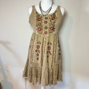 Shoreline Boho Green & Red Patchwork Rayon Midi Dress Hippie Festival 🥝🍒